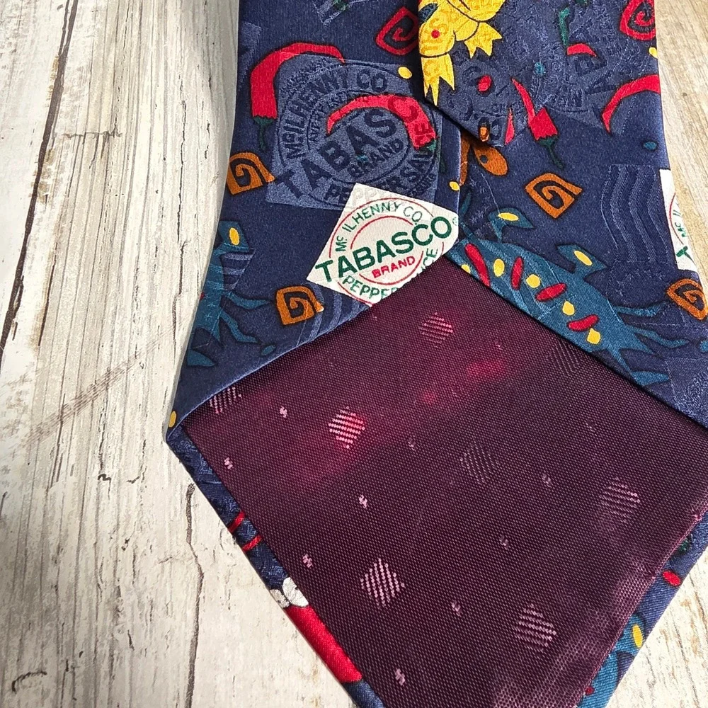 Tabasco Mens Silk Necktie Navy Blue Seafood Fish Shrimp Hot Sauce Novelty Tie